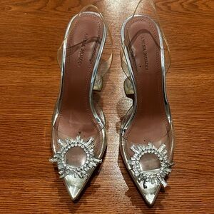 Amina Muaddi Silver Heels with Crystal Embellishments
